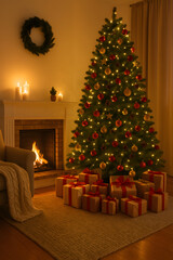 Vertical photo of decorated Christmas tree with gifts by the fireplace