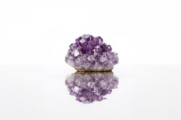 Purple amethyst crystal mirrored on water's surface, showcasing its natural hue.