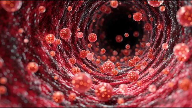 Bone marrow stem cells cellular. Hematology. Regeneration healthcare. Immune system microscopic. Close-up view of red blood cells in a blood vessel.