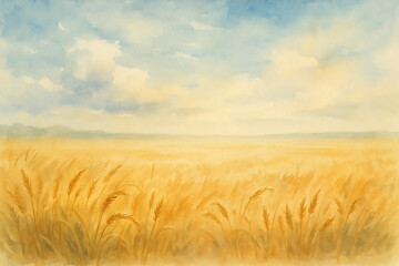 Fototapeta premium Golden Wheat Field Under a Summer Sky A Watercolor Painting