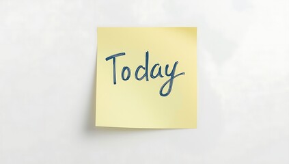 Reminder Note Featuring The Word Today in Script On Yellow Paper Standing Out Against White Background With Copy Space