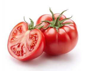 Two tomatoes, one halved, show vibrant red flesh & green stem on a white background, with soft shadows indicating overhead lighting