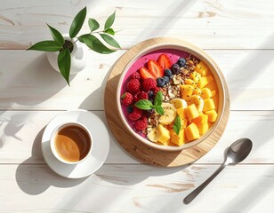 breakfast with coffee and fruits