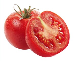 A whole tomato and a halved tomato, red and glistening with moisture, isolated against a white background