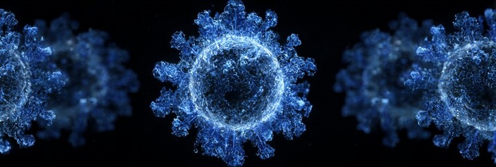 A stunning visualization of a viral structure, representing the intricate details of the coronavirus, highlighted in a captivating blue hue against a black background.