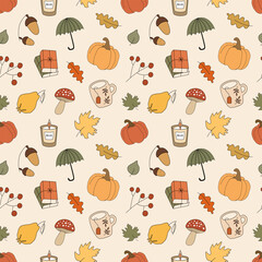 Cute vector seamless autumn pattern. Background with autumn elements. Umbrella, books, tea, candle, leaves, acorns, apples, pumpkins, mushrooms, berries. Endless texture for wrapping paper or fabric.