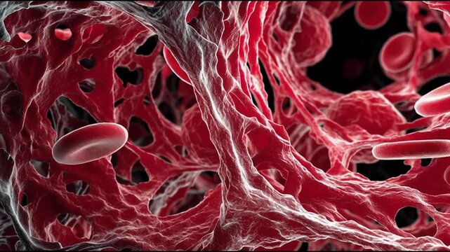 Bone marrow stem cells cellular. Hematology. Regeneration healthcare. Immune system microscopic. Detailed microscopic view of blood cells in a red matrix.
