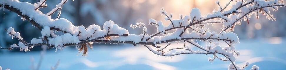 Frozen branches coated in a thick layer of snow, glistening in the cold winter sunlight A tranquil scene of winter's icy grip on nature's beauty , ice crystals, flake
