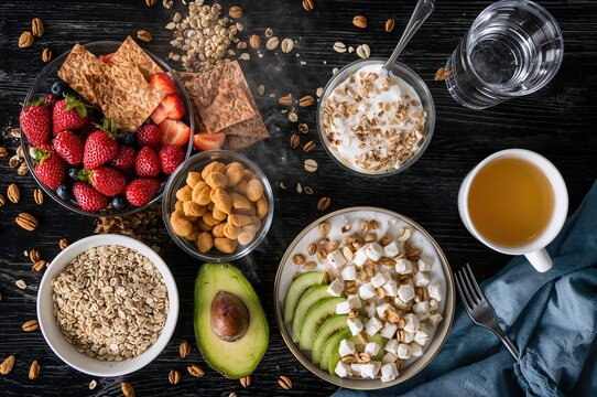 Nutritious morning meal featuring cereals, fresh fruits, avocado, yogurt, and nuts against a dark backdrop. Wholesome eating. Includes tea and a glass of water. Overhead perspective.