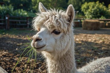 Obraz premium Grass being eaten by an alpaca inside a fenced area