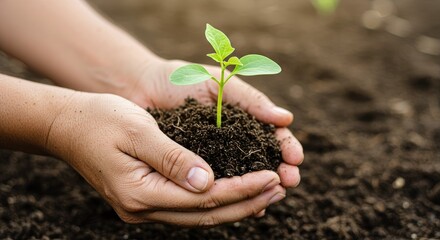 A tender sprout is cradled in cupped hands, a symbol of growth and new beginnings, planting, nurturing and caring. A close-up captures the raw essence of life, and evoking emotions of hope.