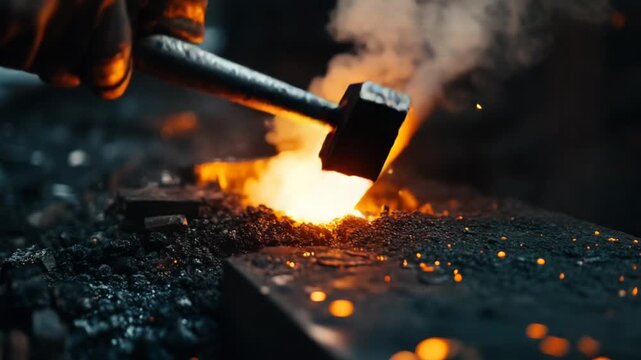 Molten metal being forged in a workshop with sparks