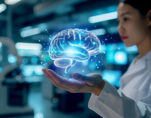 A female scientist in a lab coat holds a glowing, holographic projection of a human brain in her hand.