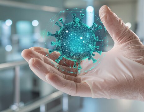 A scientist's gloved hand holds a glowing, digital 3D model of a virus in a modern laboratory setting.