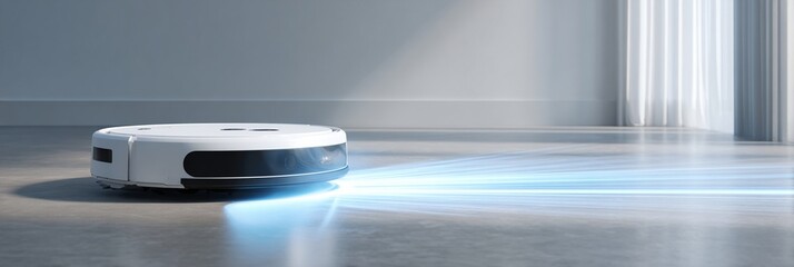 A modern robotic vacuum cleaner gliding effortlessly across a polished floor, showcasing advanced home technology with an illuminated path in a stylish living environment.