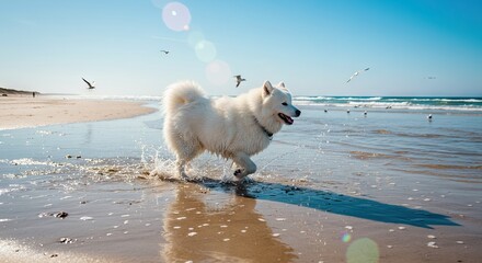 White dog runs through shallow water on a beach with birds flying overhead