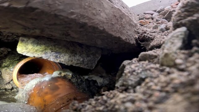 Flushing the toilet into broken pipes due to subsidence of building on a peatbog