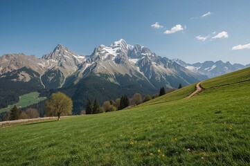 Fototapeta premium Snow-covered peaks and grassy hills in a spring mountain landscape