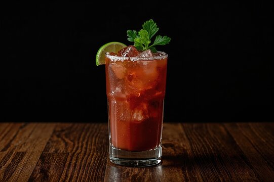 Chilled spicy tomato cocktail garnished with olives, parsley, and a lime wedge served in a glass on a wooden surface with a dark backdrop. Vertical shot with blurred background and empty space.
