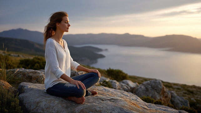 A woman meditates with a view, the serene scene illuminated by gentle light. Woman, sunset, with copy space