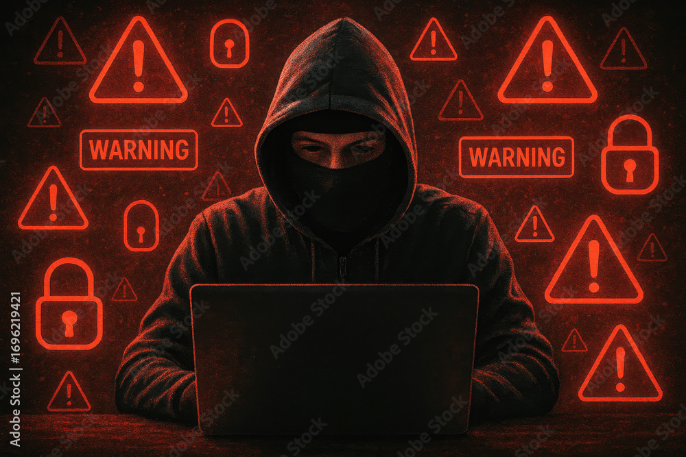 Poster anonymous hacker in hooded sweatshirt working on laptop surrounded by red warning signs and lock ico