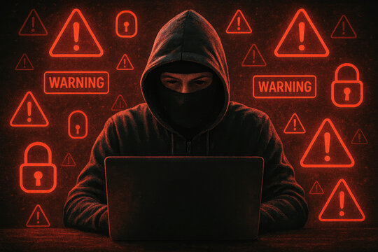 Anonymous Hacker in Hooded Sweatshirt Working on Laptop Surrounded by Red Warning Signs and Lock Icons