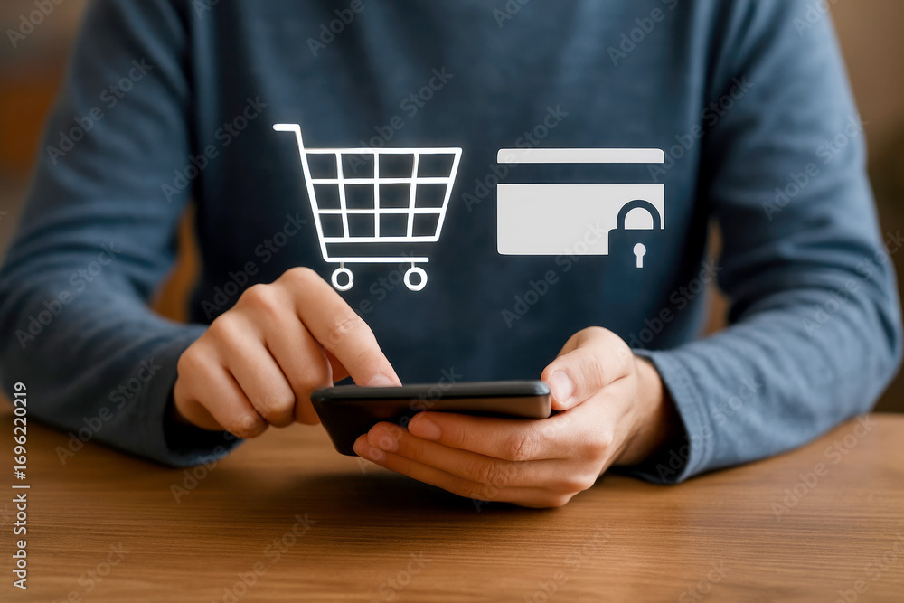 Poster close-up of hands using a smartphone with icons for shopping cart and credit card with lock mobile p