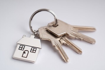 House keys and a house-shaped keychain on a neutral surface, angled view, minimalist composition