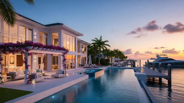 Luxury waterfront mansion with infinity pool, marina dock, yacht, tropical sunset, elegant palm trees, exclusive residence, contemporary coastal architecture