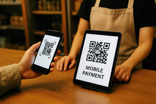 Customer scanning QR code on tablet for mobile payment at cafe counter qr code smartphone - Powered by Adobe