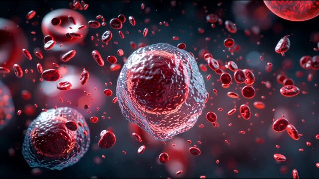 Bone marrow stem cells cellular. Hematology. Regeneration healthcare. Immune system microscopic. Microscopic view of red blood cells and other cells in motion.