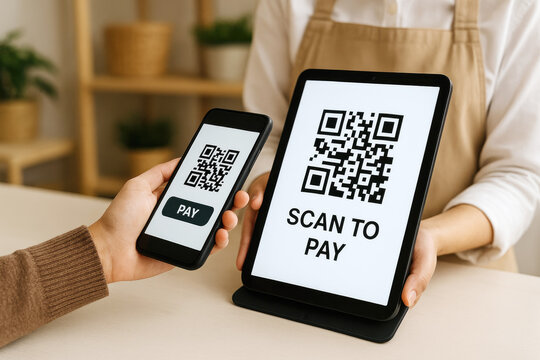 Customer scanning QR code on tablet with smartphone for payment at counter qr code - Powered by Adobe