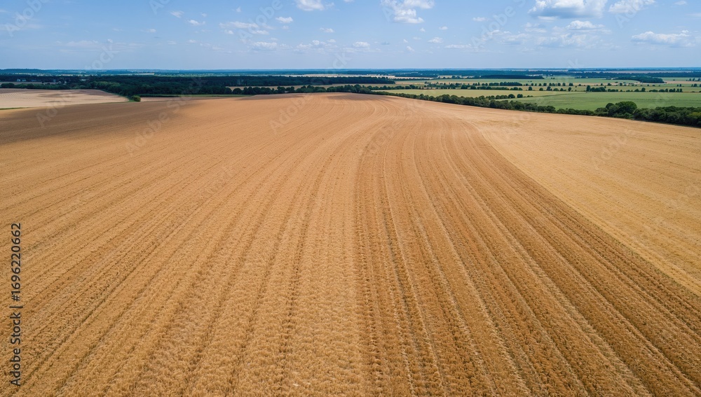 Poster top-down perspective of a grain field with tractor tire marks, farming pattern