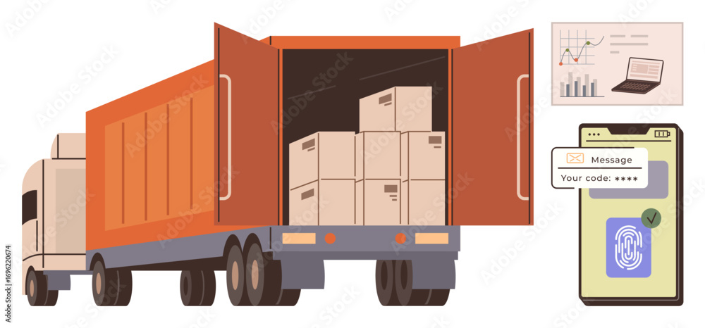 Aufkleber open truck with packed boxes, digital fingerprint authentication, security code, and data charts. id