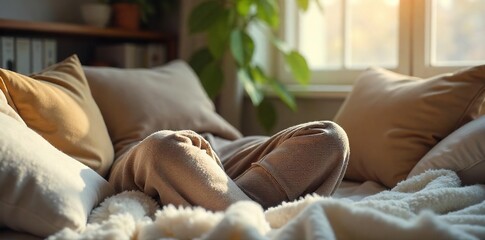 Cozy scene of comfortable pants worn indoors, relaxing atmosphere, home comfort, leisure time , fashion, mood, clothing