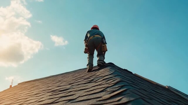 Roofer Working on a Steep Roof Under Blue Sky