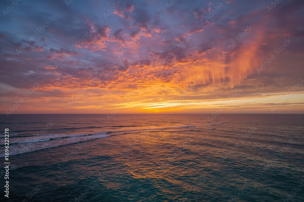 Poster overhead perspective of a colorful evening sky above the ocean, showcasing striking hues and dynamic