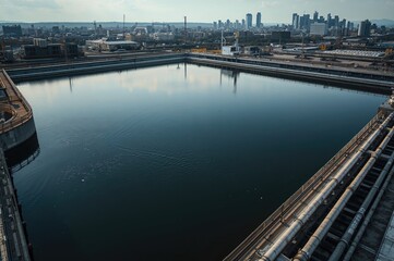 Obraz premium Bird's-eye perspective of an unused secondary clarifier in a wastewater facility