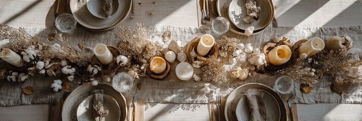 Elegant table setting adorned with natural elements, candles, and seasonal decor, perfect for creating a warm, inviting atmosphere for gatherings or special occasions.
