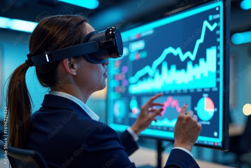Poster business executive utilizing virtual reality technology for financial data visualization and analysi