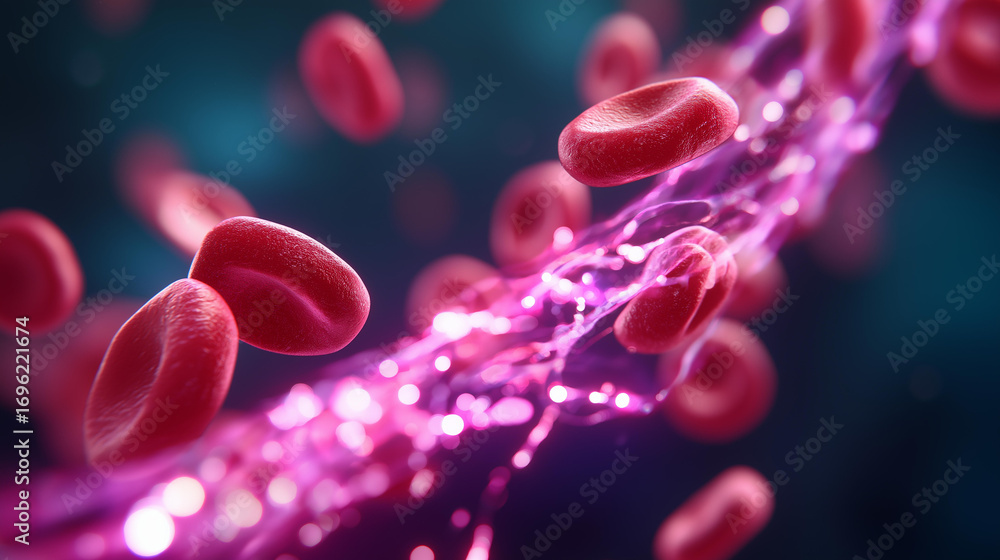 Poster a vibrant microscopic view of erythrocytes in motion red blood cells swirling through a glowing arte