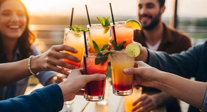 Friends toasting colorful cocktails at sunset summer party celebration