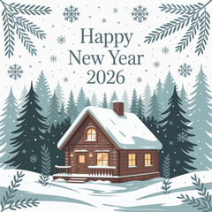 Naklejka premium Winter cabin in snowy forest with Happy New Year 2026 text log cabin