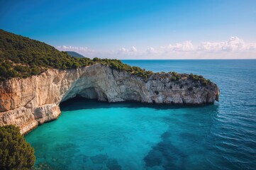 Bird's-eye view of a coastal cave formation along a rocky shoreline.
