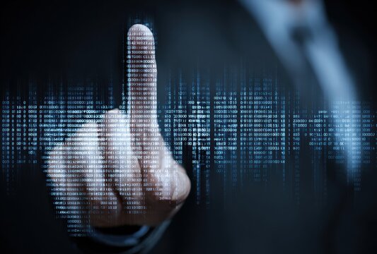 Finger touching a digital interface with blue binary code emanating from it, suit in background, dark theme
