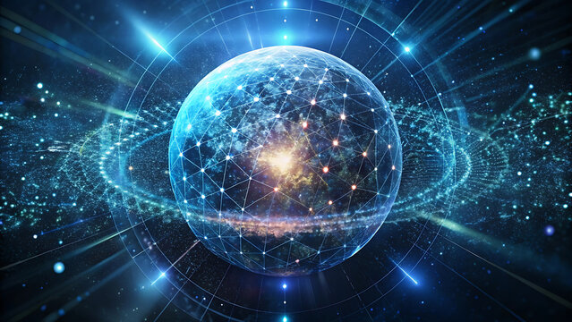 Conceptual ai data sphere surrounded by cosmic light futuristic technology artificial intelligence concept glowing abstract illustration digital art  