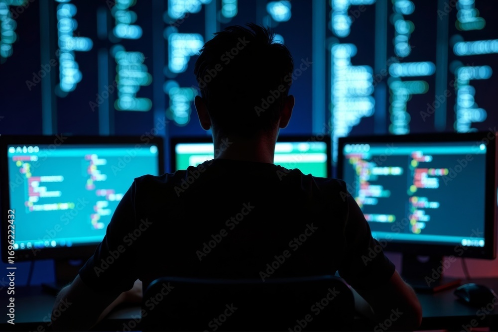 Aufkleber programmer's silhouette illuminated by glowing computer screens in dimly lit room.