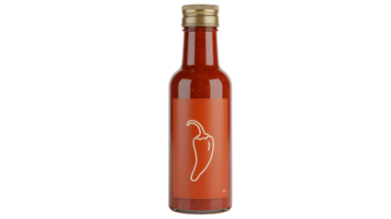 Spicy chili sauce bottle with pepper icon and gold cap
