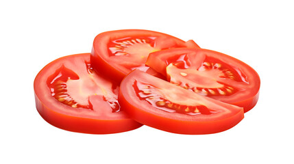 Multiple slices of fresh ripe tomato on transparent background, ideal for healthy food and nutrition design concepts. 