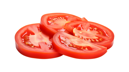 Multiple slices of fresh ripe tomato on transparent background, ideal for healthy food and nutrition design concepts. 